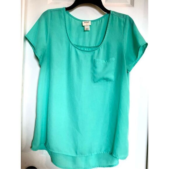 NEON SOUL - EUC - L Sz M Scoop Neck Cap Sleeve Pocket Blouse/Aqua 100% Polyester - Picture 9 of 11
